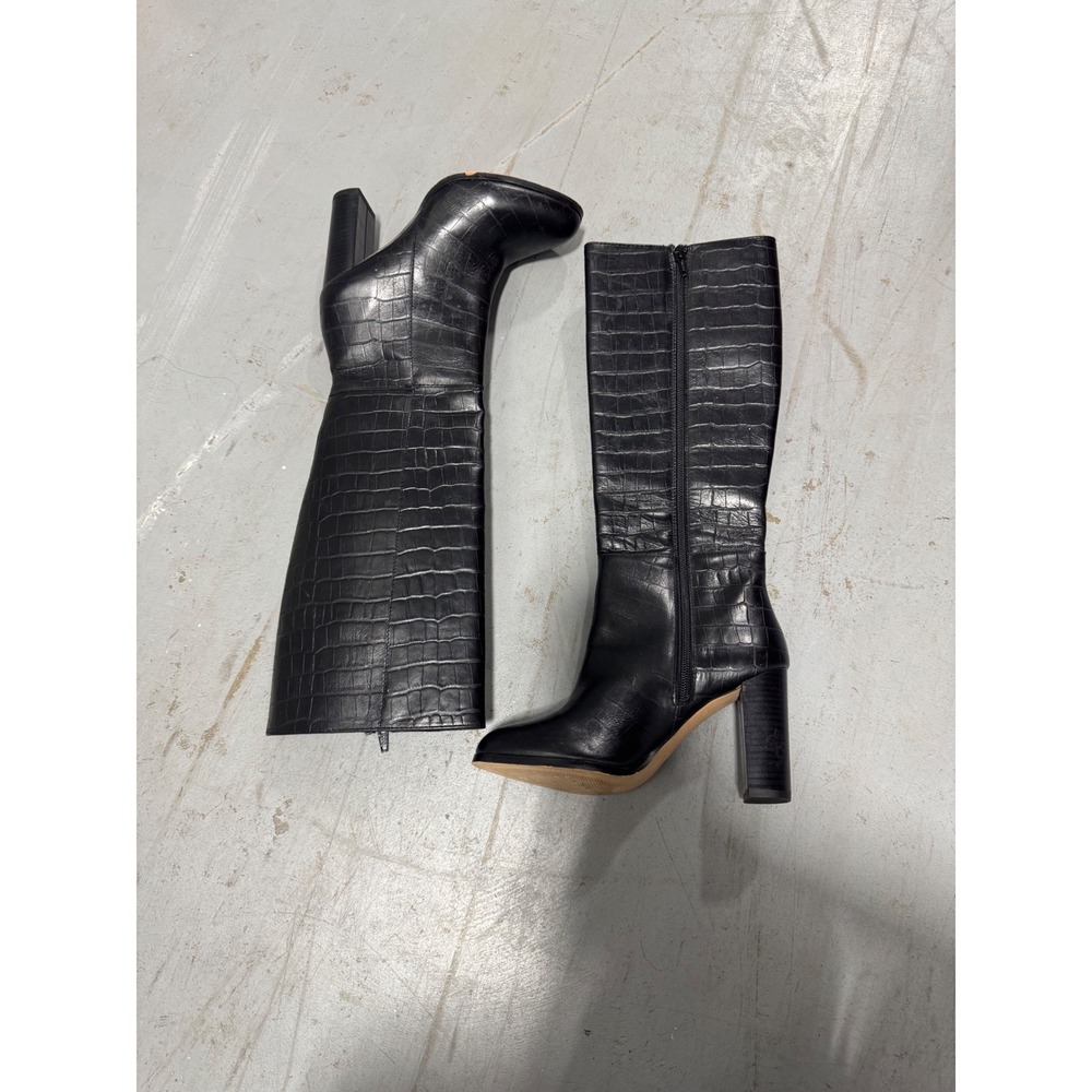 Gillio Collection Black Croc Embossed Leather Knee High Block Heel Boots 23 6US